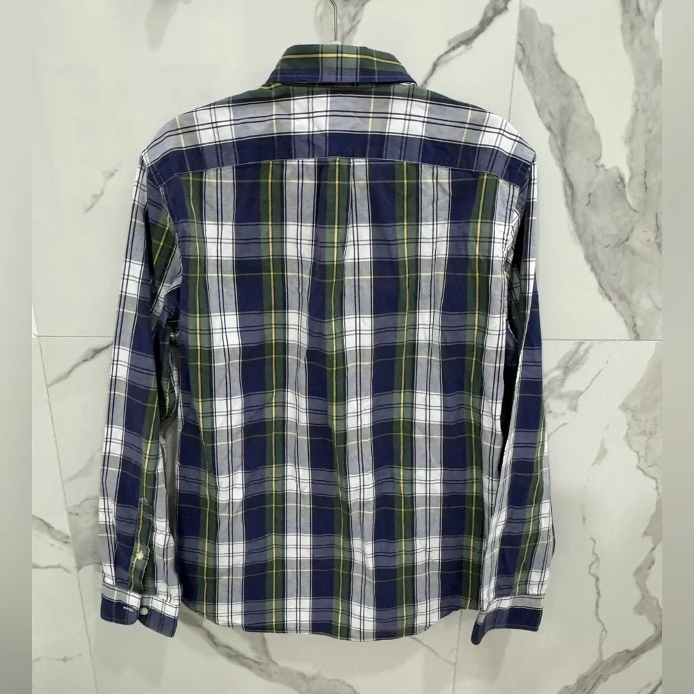 J. Crew Navy Green Plaid Sunwashed Oxford Tailored Shirt